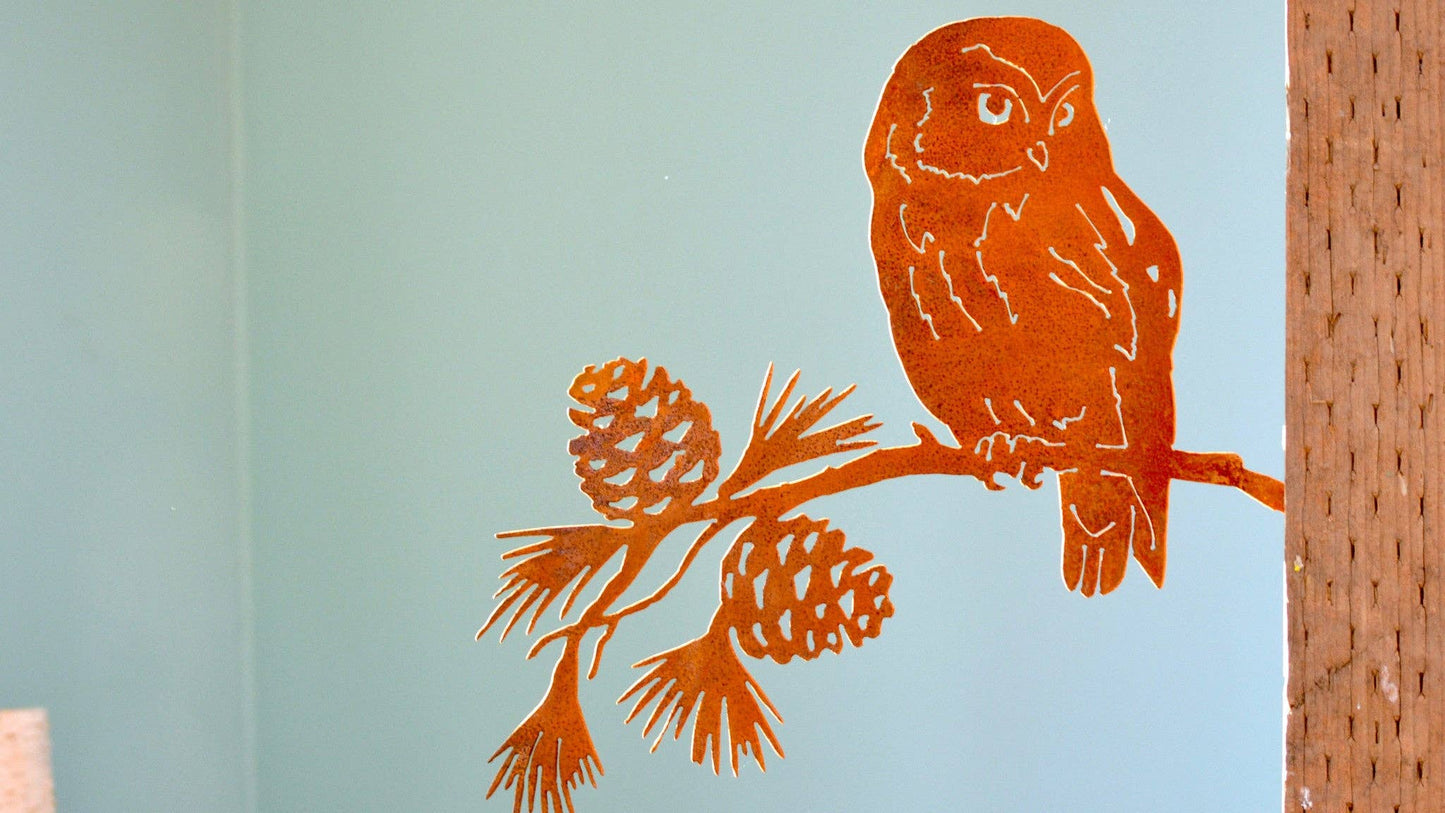 Saw-Whet Owl on Pine Branch -Metal Silhouette Garden Art