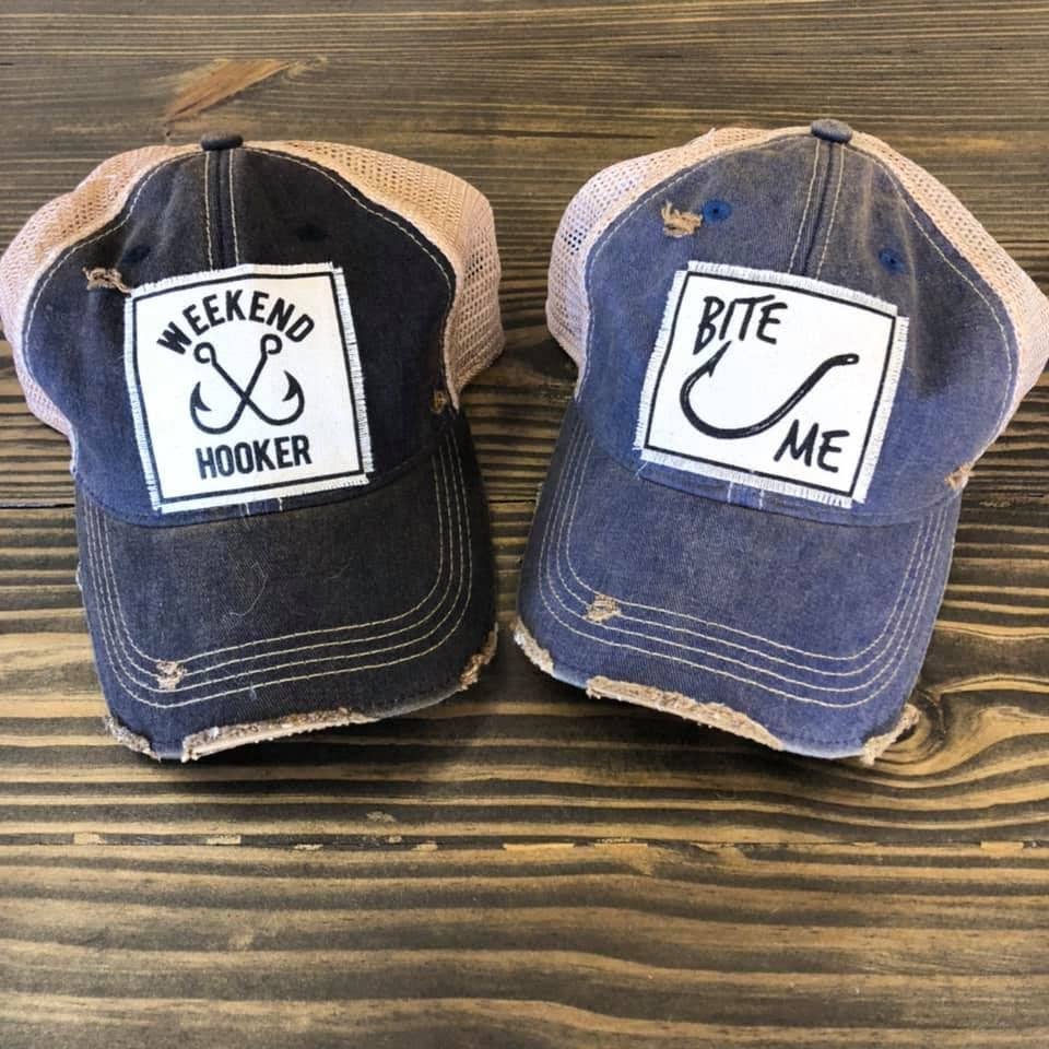 Bite Me Royal Blue Distressed Trucker Hat Baseball Cap