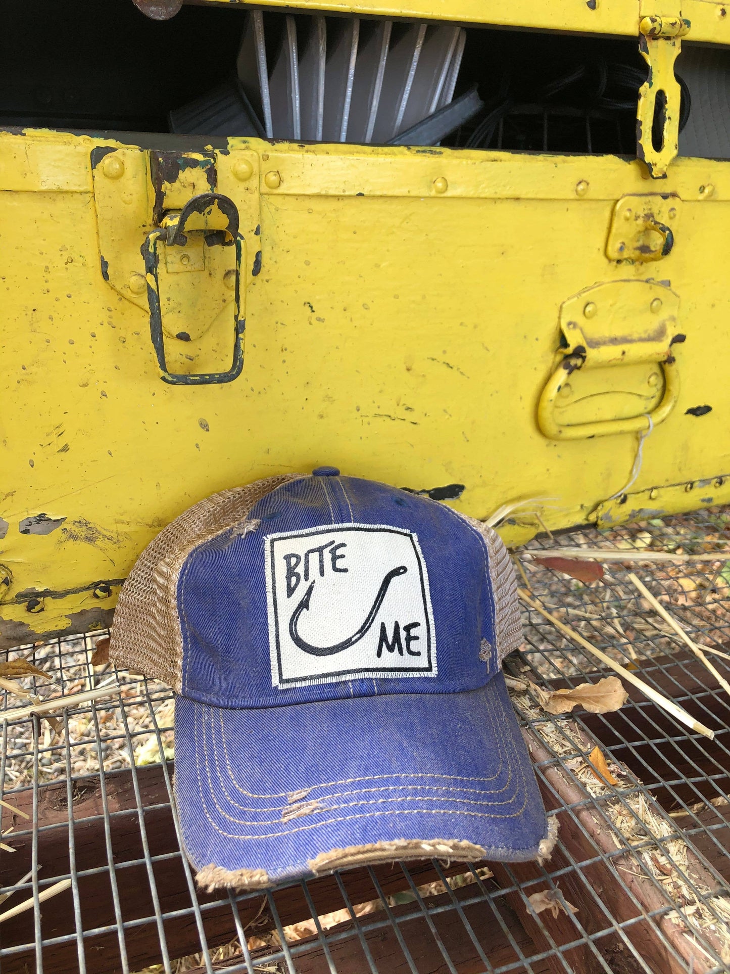 Bite Me Royal Blue Distressed Trucker Hat Baseball Cap