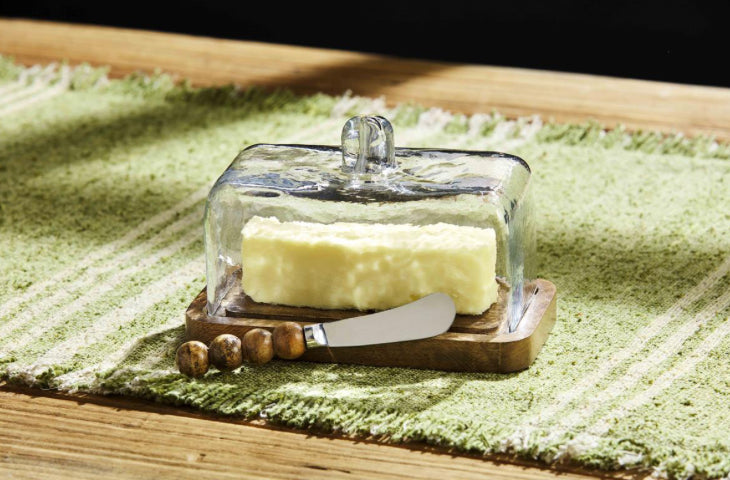 Wood and glass butter dish