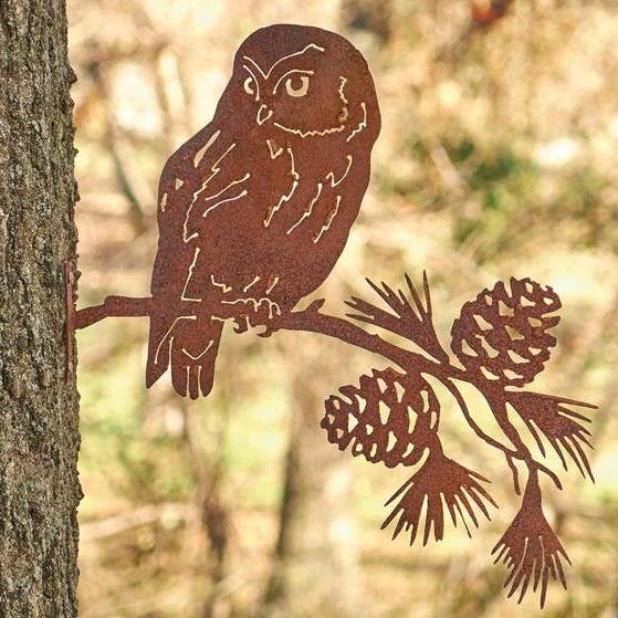 Saw-Whet Owl on Pine Branch -Metal Silhouette Garden Art