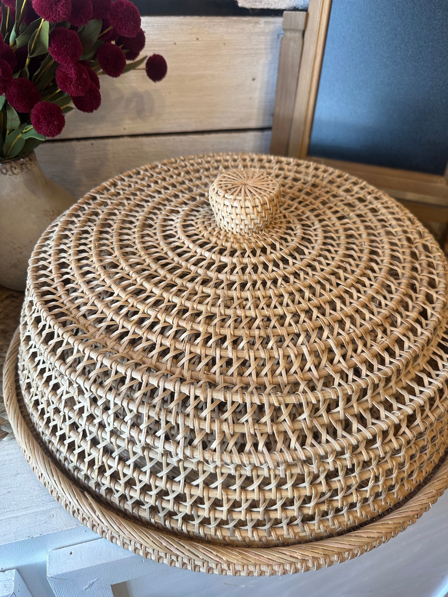 Rattan Baskets Food Tray/Cover Set of Two