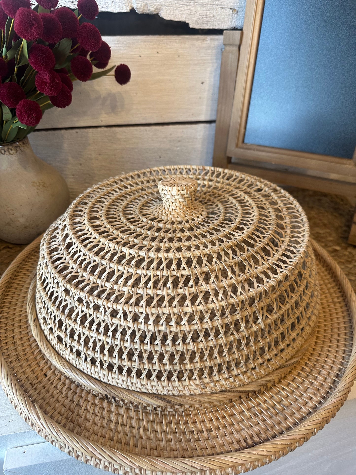 Rattan Baskets Food Tray/Cover Set of Two