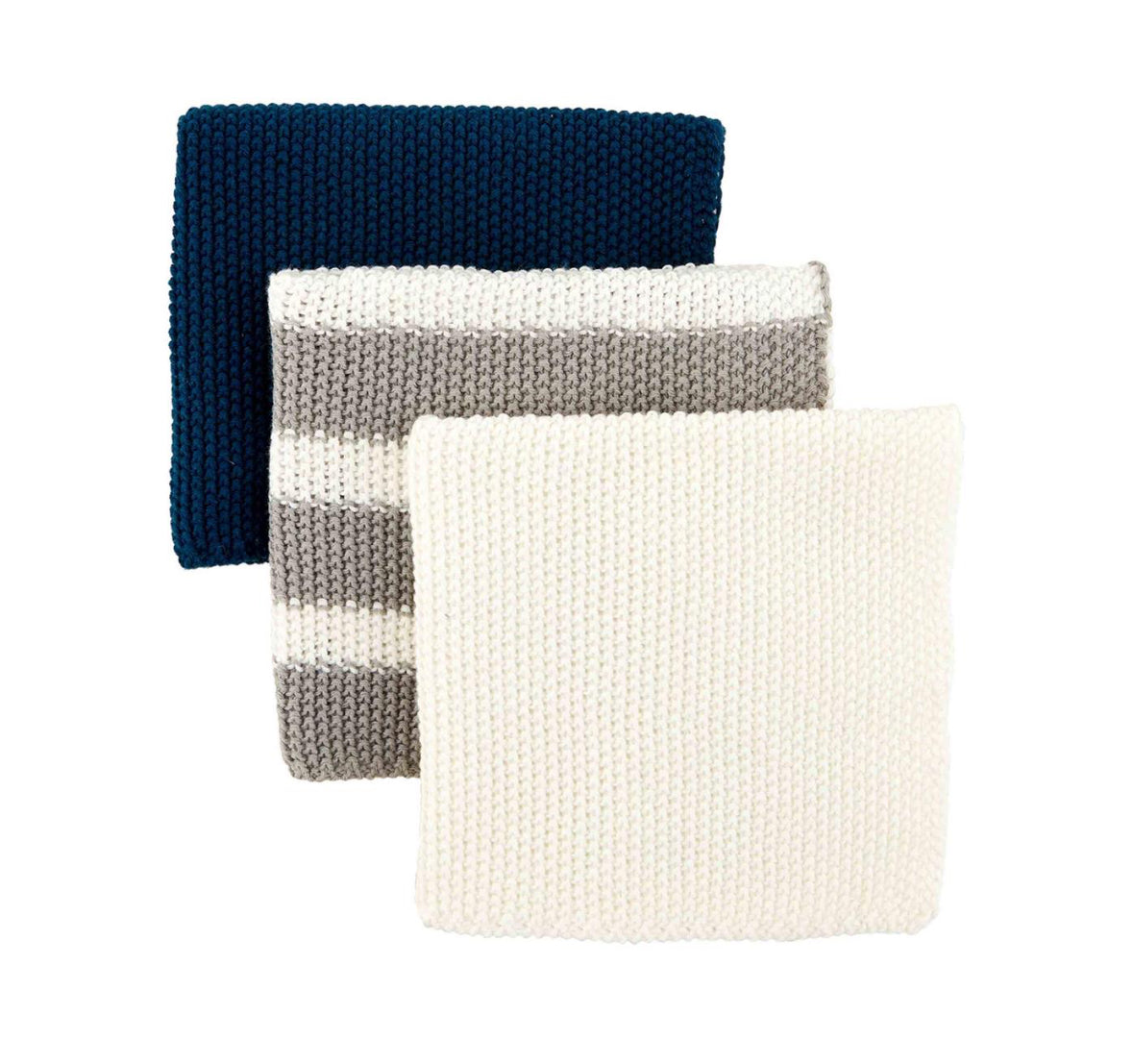 Navy, Grey Stripe, and White Knit Dishcloth Set
