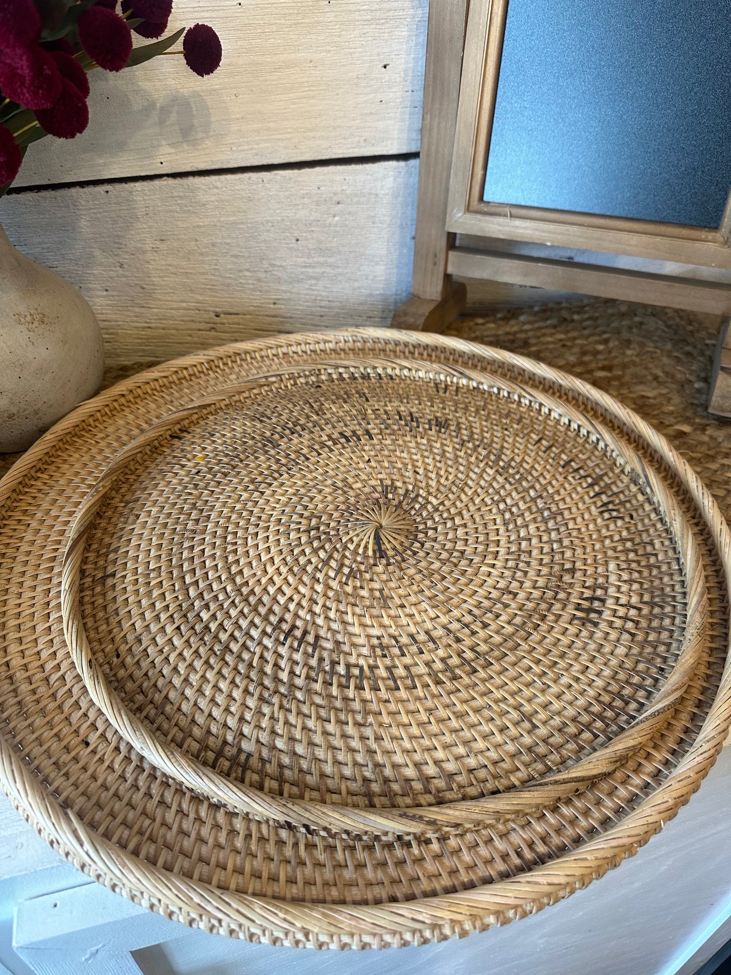 Rattan Baskets Food Tray/Cover Set of Two