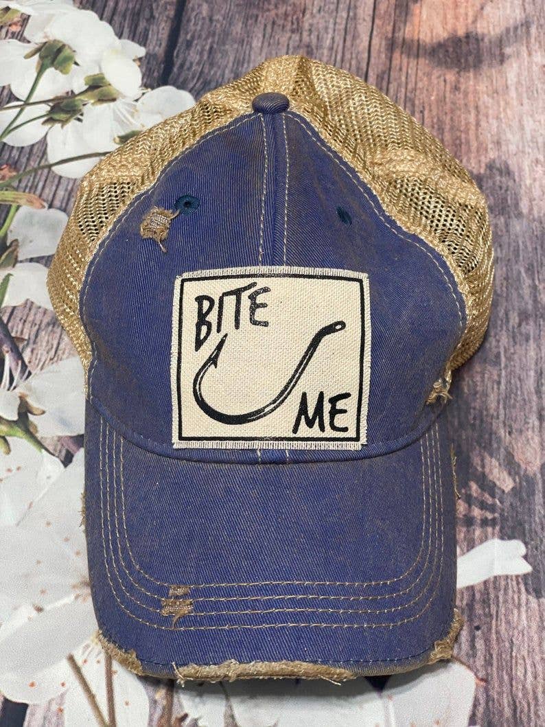 Bite Me Royal Blue Distressed Trucker Hat Baseball Cap