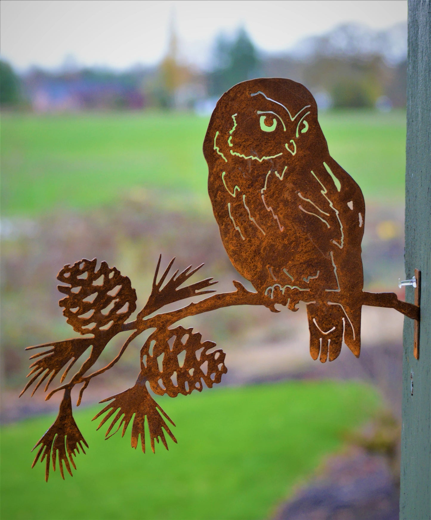 Saw-Whet Owl on Pine Branch -Metal Silhouette Garden Art