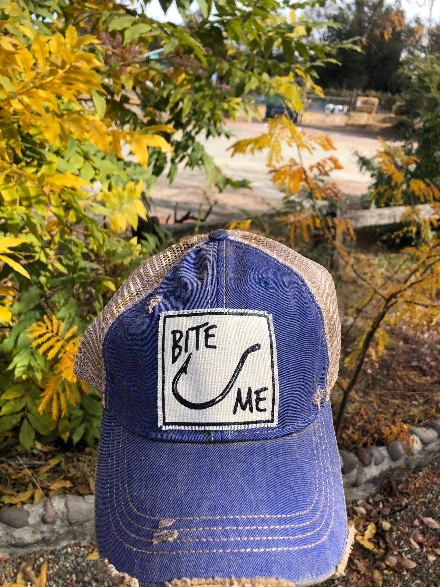 Bite Me Royal Blue Distressed Trucker Hat Baseball Cap