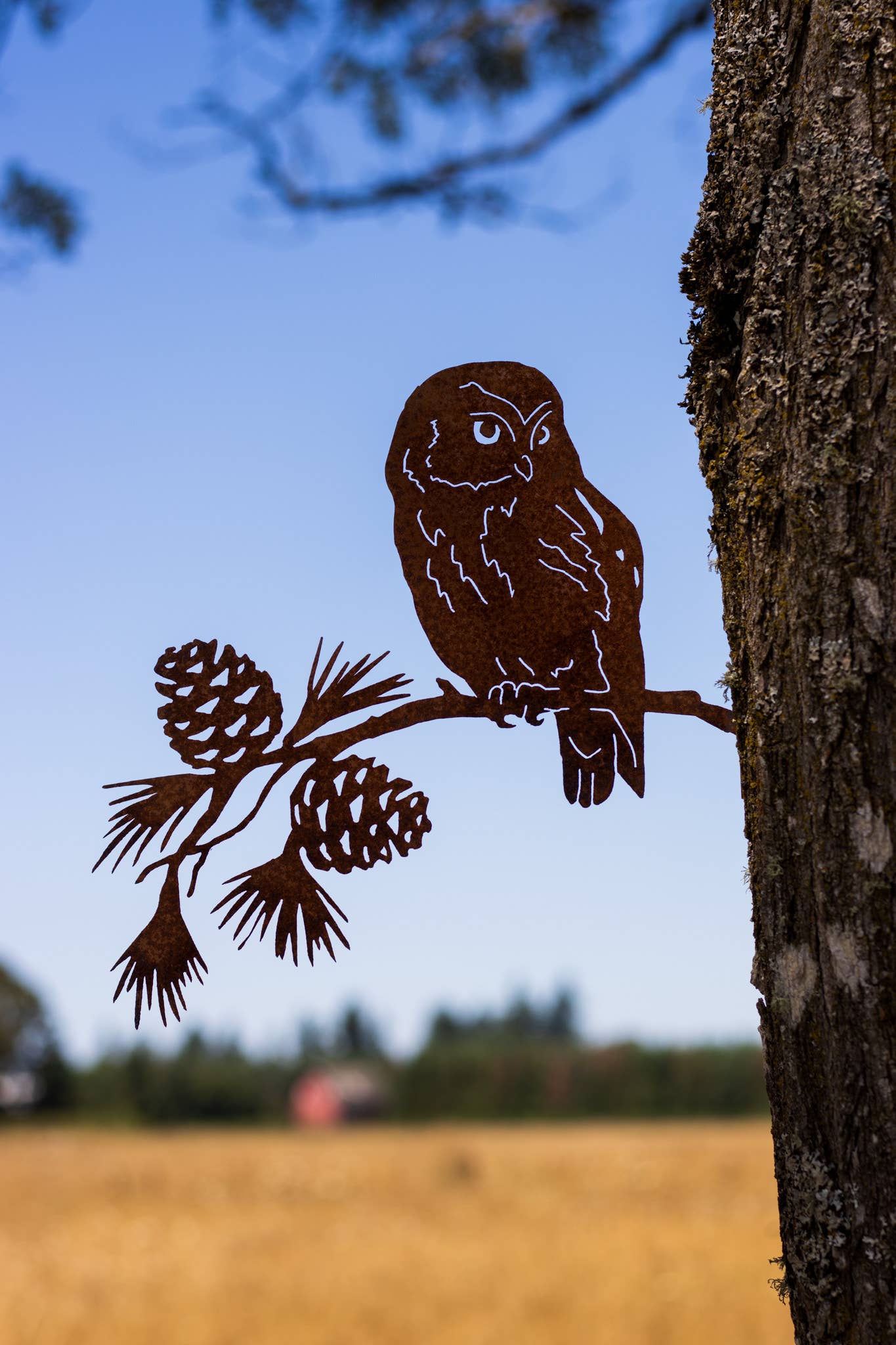 Saw-Whet Owl on Pine Branch -Metal Silhouette Garden Art