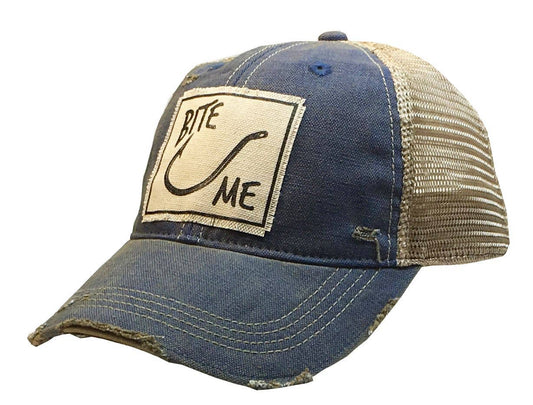 Bite Me Royal Blue Distressed Trucker Hat Baseball Cap